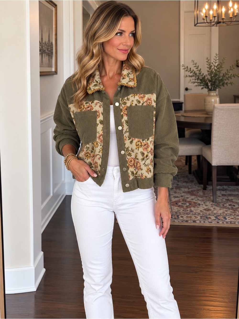 Hem & Thread Olive Corduroy Floral Patchwork Jacket Boutique